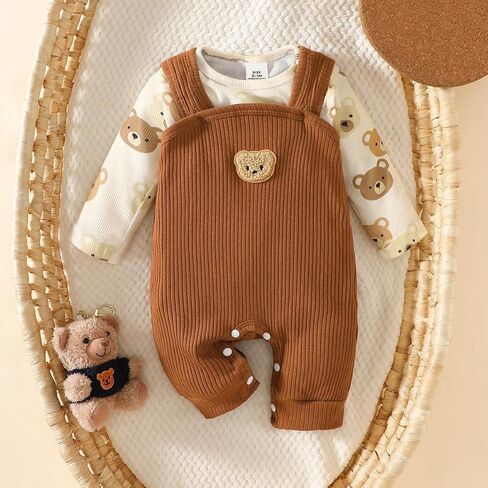 Baby Boy Ribbed Overall Set Brown Bear Print Long Sleeve Bodysuit Fall Winter Outfit Infant Suspender Pants in Kuwait