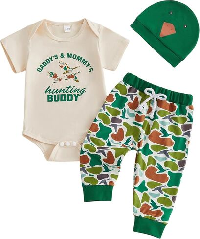 Baby Boy Summer Clothes Daddy’s & Mommy’s Hunting Buddy Short Sleeve Romper Camouflage Pants Hat Set in Kuwait