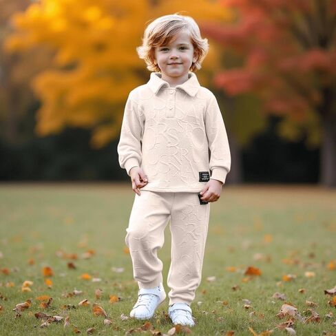 Toddler Boys' 2 Piece Winter Outfit Polo Shirt Long Sleeve Top Button Up Elastic Jogger Pants Set 4-8T in Saudi Arabia