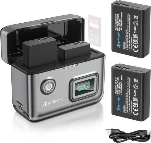 Artman LP-E10 بطارية 1600 مللي أمبير في الساعة 2 حزمة و1.5 ساعة 2-فتحة شاحن LCD لكاميرا Canon EOS Rebel T7 T6 T5 T3 T100، Kiss X50 X70 X70 X80 X90، EOS 1100D 1200D 1300D 1500D 2000D 3000D 4000D كاميرا، بطارية النسبة المئوية in Kuwait