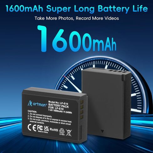 Artman LP-E10 بطارية 1600 مللي أمبير في الساعة 2 حزمة و1.5 ساعة 2-فتحة شاحن LCD لكاميرا Canon EOS Rebel T7 T6 T5 T3 T100، Kiss X50 X70 X70 X80 X90، EOS 1100D 1200D 1300D 1500D 2000D 3000D 4000D كاميرا، بطارية النسبة المئوية in Kuwait