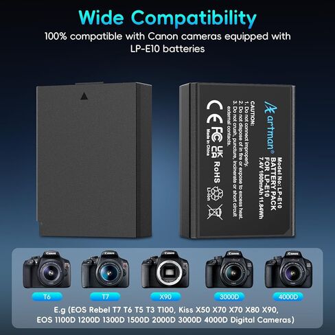 Artman LP-E10 بطارية 1600 مللي أمبير في الساعة 2 حزمة و1.5 ساعة 2-فتحة شاحن LCD لكاميرا Canon EOS Rebel T7 T6 T5 T3 T100، Kiss X50 X70 X70 X80 X90، EOS 1100D 1200D 1300D 1500D 2000D 3000D 4000D كاميرا، بطارية النسبة المئوية in Kuwait