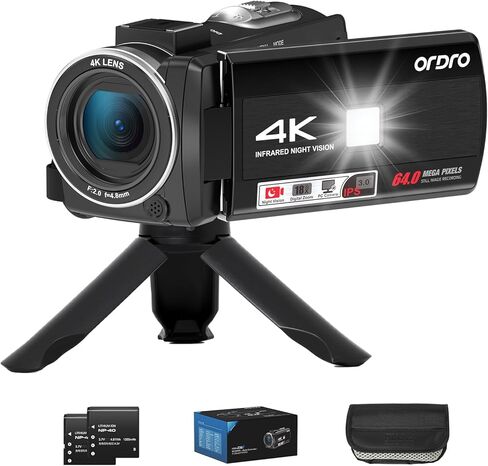 ORDRO Z36 Video Camera Camcorder 4K 64MP Vlogging Camera for YouTube 18X Digital Zoom Camera 3.0''Flip Screen, IR Night Vision, Includes 2 Batteries+Tripod in Kuwait