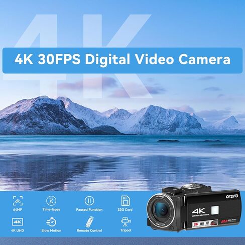 ORDRO Z36 Video Camera Camcorder 4K 64MP Vlogging Camera for YouTube 18X Digital Zoom Camera 3.0''Flip Screen, IR Night Vision, Includes 2 Batteries+Tripod in Kuwait