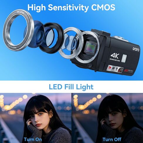 ORDRO Z36 Video Camera Camcorder 4K 64MP Vlogging Camera for YouTube 18X Digital Zoom Camera 3.0''Flip Screen, IR Night Vision, Includes 2 Batteries+Tripod in Kuwait
