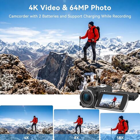 ORDRO Z36 Video Camera Camcorder 4K 64MP Vlogging Camera for YouTube 18X Digital Zoom Camera 3.0''Flip Screen, IR Night Vision, Includes 2 Batteries+Tripod in Kuwait