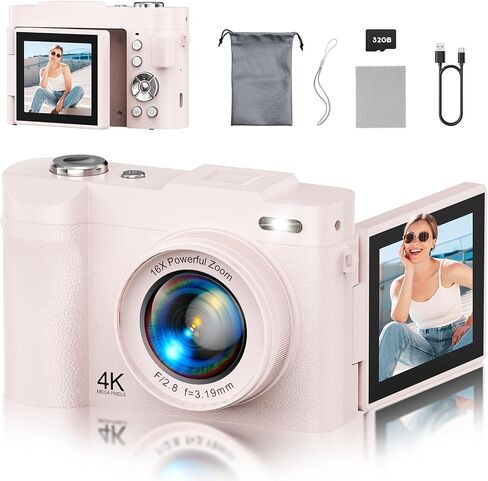 4K Digital Camera for Photography, 50MP Vlogging Camera for YouTube, Compact Cameras with 2.8" 180° Flip Screen, 16X Digital Zoom, Point and Shoot Camera with 32GB SD for Beginners, Travel, Family in Kuwait