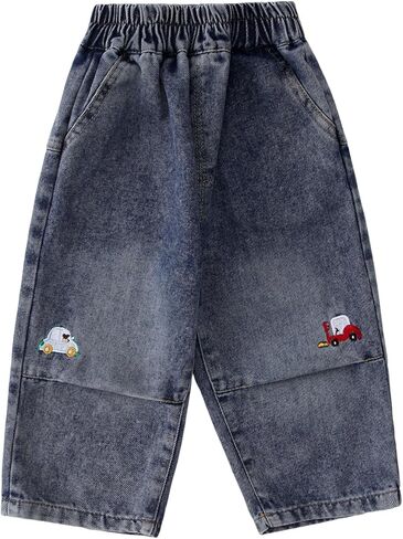 Toddler Boys Jeans Wide Leg Elastic Waist Casual Denim Pants with Embroidery and Pockets for Kids 2-7Y in Saudi Arabia