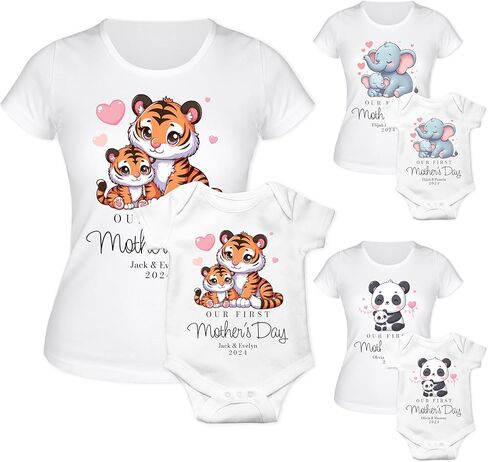Custom Our First Mother’s Day Matching Outfit Set with Cute Animals – Personalized Mom Shirt and Baby Onesie – 9 Animal Design Options – Customized Mommy Tee and Baby Bodysuit in Kuwait