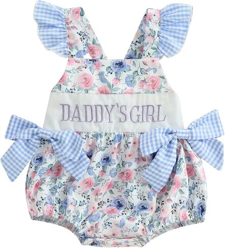 Newborn Daddys Girl Letter Embroidery Flying Sleeve Romper Summer Clothes | Polyester, Rose Print, Square Neck, Sleeveless, suitable for Summer and Fathers Day, Safe to Skin and Easy to Wash in Kuwait