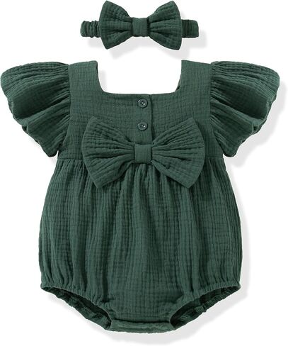 Vibebox Baby Girl Clothes Short Sleeve Bubble Romper Newborn Girls Spring Summer Bows Jumpsuits with Elastic Headband Outfit in Kuwait