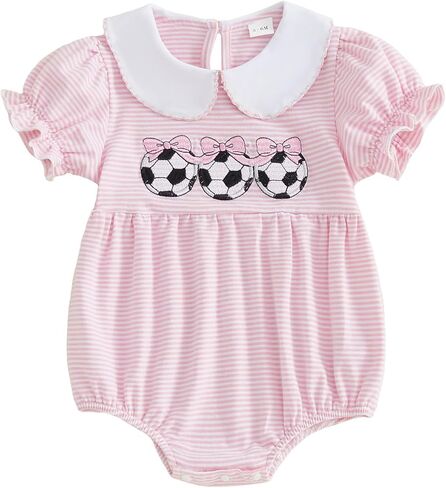 Newborn Baby Girl Clothes Soccer/Golf Embroidery Striped Puff Short Sleeve Jumpsuit Smocked Bubble Outfit in Kuwait