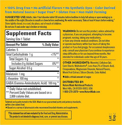Nature Made Wellblends Back to Sleep, Melatonin 1 mg, L theanine 100 mg, and GABA 100mg, Sleep Supplement, 40 Fast Dissolve Tablets in Kuwait