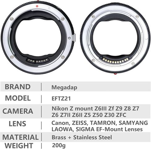 محول عدسة التركيز التلقائي Megadap EFTZ21 فتحة إلكترونية مدمجة متوافقة مع كاميرا Nikon Z Zf Z6III Z9 Z8 Z7 Z6 Z7II Z6II Z5 Z50 ZFC لعدسة Canon EOS EF Sigma Tamron EF Series (EFTZ 21) in Kuwait