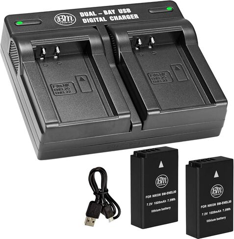 BM Premium Pack of 2 ENEL20, EN-EL20a Batteries and USB Dual Battery Charger for Nikon Coolpix P950, P1000, P1100, DL24-500, Coolpix A, 1 AW1, 1 J1, 1 J2, 1 J3, 1 S1, 1 V3 Digital Camera in Kuwait