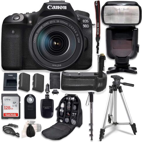 كاميرا Canon EOS 90D الرقمية SLR مع مجموعة عدسات USM مقاس 18-135 مم من Canon + مقبض بطارية وحزمة ملحقات احترافية (16 عنصرًا) (متجددة) in Kuwait