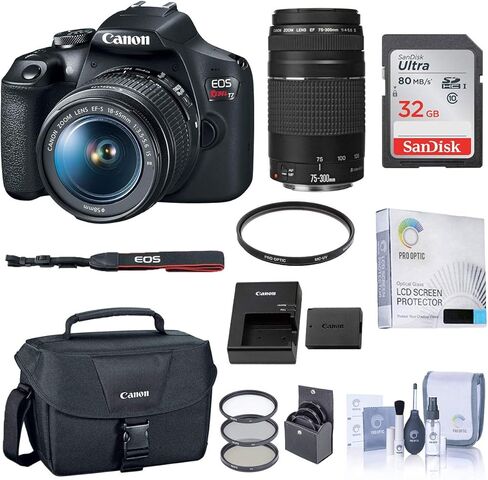 كاميرا Canon EOS Rebel T7 DSLR مع مجموعة أساسية من العدسات EF-S 18-55mm وEF 75-300mm مع حقيبة وبطارية ومجموعة مرشح وبطاقة SD سعة 32 جيجابايت وواقي شاشة ومجموعة تنظيف in Kuwait