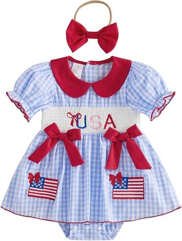 Baby Girl 4th Of July Outfit USA Embroidery Short Sleeve Romper Dress Plaid Dresses Infant 4th Of July Clothing in Kuwait