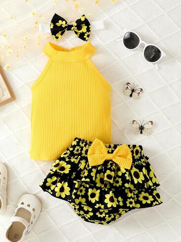 Baby Girl Yellow Ribbed Top and Sunflower Print Ruffle Bloomers with Headband 3Pcs Set Infant Summer Newborn Outfits in Saudi Arabia