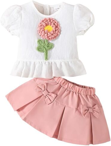 Baby Girls Short Sleeve & Skirt Set, 3D Plush Flower Top & 3D Bow Pleated Skirt, Cute Fashion Summer Spring Toddler in Saudi Arabia