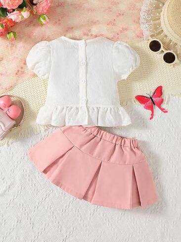 Baby Girls Short Sleeve & Skirt Set, 3D Plush Flower Top & 3D Bow Pleated Skirt, Cute Fashion Summer Spring Toddler in Saudi Arabia