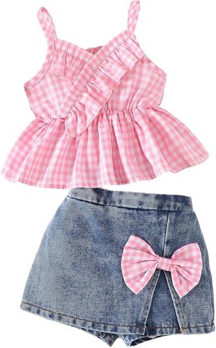 Verdusa Girl's 2 Piece Summer Outfits Gingham Ruffle Babydoll Tops with Jean Skorts Cute Sets in Saudi Arabia