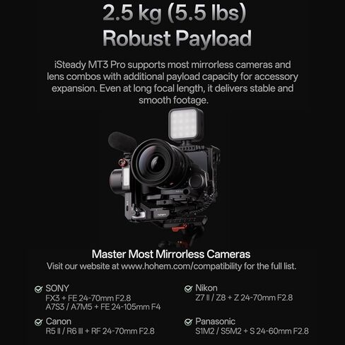 مثبت هوهيم iSteady MT3 Pro Gimbal للكاميرا، انحراف ثلاثي المحاور للكاميرات، الهاتف الذكي، كاميرات الحركة، جهاز تحكم عن بعد بشاشة لمس 1.4 بوصة، ضوء تعبئة CCT وRGB، حمولة 2.5 كجم/5.5 رطل، تتبع الذكاء الاصطناعي، مقبض ملتوي in Kuwait