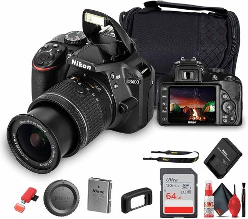 طقم كاميرا نيكون D3400 DSLR 1571 مع عدسة VR مقاس 18-55 مم | مستشعر CMOS بدقة 24.2 ميجابكسل، معالج EXPEED 4، فيديو عالي الدقة بالكامل، بلوتوث SnapBridge، حزمة كاميرا رقمية خفيفة الوزن ومناسبة للمبتدئين in Kuwait