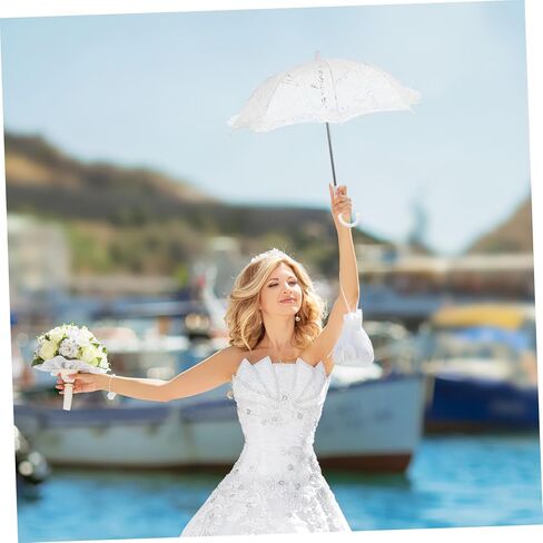 STOBOK Small Vintage Wedding Bride Parasol, White Lace Umbrella with Handle for Weeding, Photo Props, Party Decorations, 19 5x16.38 inch in Kuwait