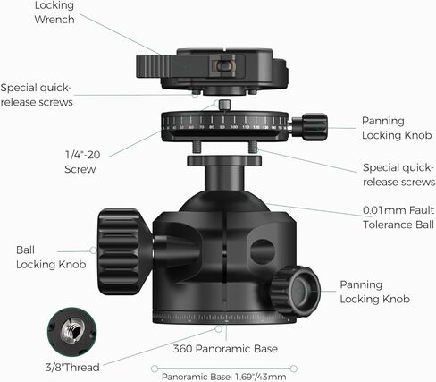 FANAUE Low Profile Camera Tripod Ball Head Mount, 55mm Tripod BallHead with 360° Swivel & 90° Tilt Panoramic Compatible with Arca, (XB-55T) in Kuwait