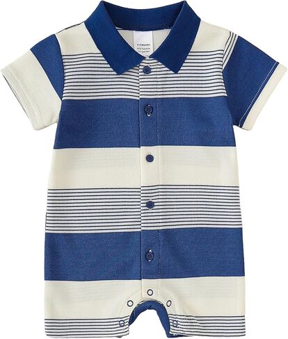 DEFAHN Baby Boy Polo Striped Rompers Pique Short Sleeve Collared Gentleman Outfit One Piece Summer Infant Clothes 0-24 Months in Kuwait