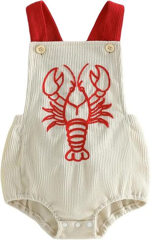 Lamuusaa Newborn Baby Girl Boy Summer Clothes Crawfish Embroidery Romper Backless Tank Top Bodysuit Corduroy Overalls 0-18M in Saudi Arabia