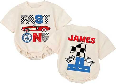 Personalized First Birthday Outfit Boy Fast One Race Car Romper, Car Theme 1st Birthday Shirt in Kuwait