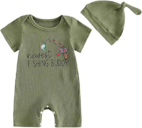 Sasaerucure Newborn Infant Baby Boy Fishing Outfit First Birthday Clothes Summer Short Sleeve Romper Knit Jumpsuit + Hat in Saudi Arabia