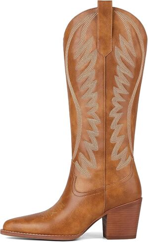 VOMIRA Cowboy Boots for Women Pointed Toe Chunky High Heel Embroidered Black Cowgirl Boots Knee High Boots Bridal Wedding Western Boots in Saudi Arabia