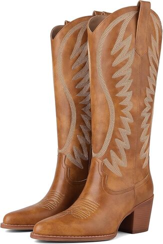 VOMIRA Cowboy Boots for Women Pointed Toe Chunky High Heel Embroidered Black Cowgirl Boots Knee High Boots Bridal Wedding Western Boots in Saudi Arabia