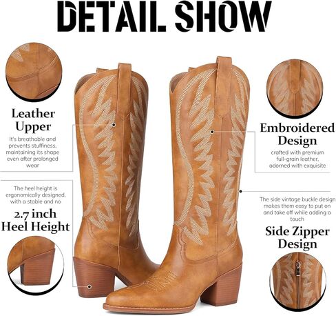 VOMIRA Cowboy Boots for Women Pointed Toe Chunky High Heel Embroidered Black Cowgirl Boots Knee High Boots Bridal Wedding Western Boots in Saudi Arabia