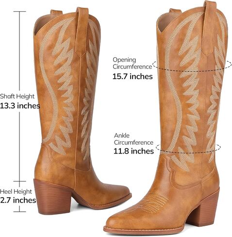 VOMIRA Cowboy Boots for Women Pointed Toe Chunky High Heel Embroidered Black Cowgirl Boots Knee High Boots Bridal Wedding Western Boots in Saudi Arabia