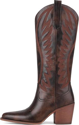 VOMIRA Cowboy Boots for Women Pointed Toe Chunky High Heel Embroidered Black Cowgirl Boots Knee High Boots Bridal Wedding Western Boots in Saudi Arabia