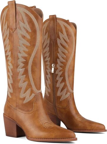 VOMIRA Cowboy Boots for Women Pointed Toe Chunky High Heel Embroidered Black Cowgirl Boots Knee High Boots Bridal Wedding Western Boots in Saudi Arabia