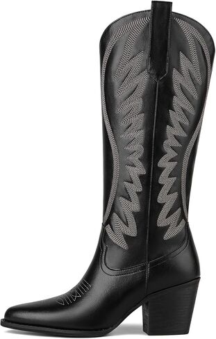 VOMIRA Cowboy Boots for Women Pointed Toe Chunky High Heel Embroidered Black Cowgirl Boots Knee High Boots Bridal Wedding Western Boots in Saudi Arabia