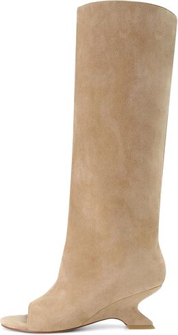 Peep Toe Knee High Boots for Women Suede Pull On Wedge Heel Long Tall Boots Fashion High Heel Dress Booties in Saudi Arabia