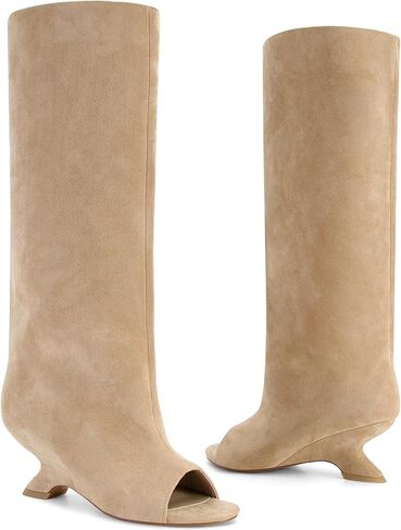 Peep Toe Knee High Boots for Women Suede Pull On Wedge Heel Long Tall Boots Fashion High Heel Dress Booties in Saudi Arabia