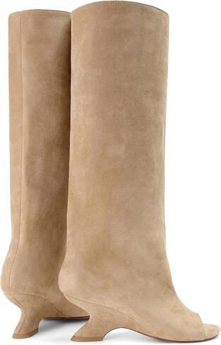 Peep Toe Knee High Boots for Women Suede Pull On Wedge Heel Long Tall Boots Fashion High Heel Dress Booties in Saudi Arabia