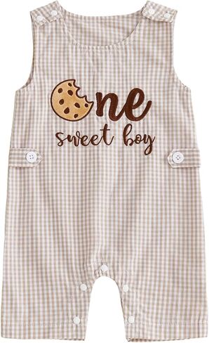 Baby Boy First Birthday Outfit Cookie One Sweet Boy Plaid Romper | Sleeveless Cotton Linen Jumpsuit Shorts Cake Smash Onesie Summer Clothes 1 Year Old Gifts in Saudi Arabia