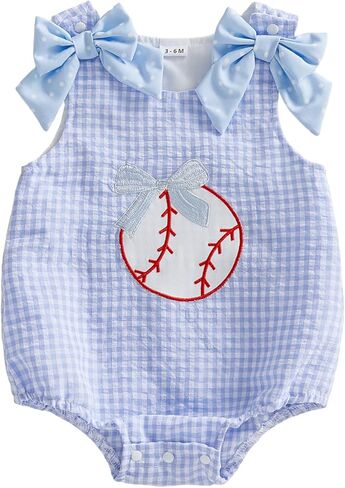 Newborn Baby Girl Baseball Outfit Bow Baseball Bubble Romper Sleeveless Overalls Plaid Bodysuit Infant Summer Clothes in Saudi Arabia