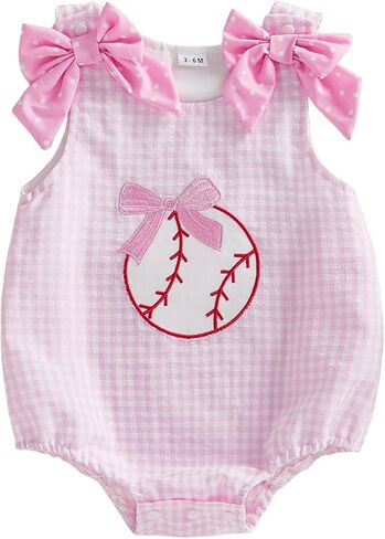 Newborn Baby Girl Baseball Outfit Bow Baseball Bubble Romper Sleeveless Overalls Plaid Bodysuit Infant Summer Clothes in Saudi Arabia