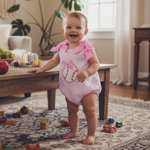 Newborn Baby Girl Baseball Outfit Bow Baseball Bubble Romper Sleeveless Overalls Plaid Bodysuit Infant Summer Clothes in Saudi Arabia
