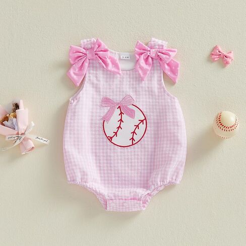 Newborn Baby Girl Baseball Outfit Bow Baseball Bubble Romper Sleeveless Overalls Plaid Bodysuit Infant Summer Clothes in Saudi Arabia