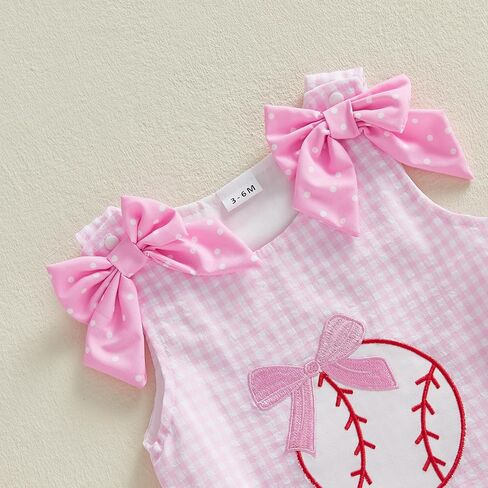 Newborn Baby Girl Baseball Outfit Bow Baseball Bubble Romper Sleeveless Overalls Plaid Bodysuit Infant Summer Clothes in Saudi Arabia